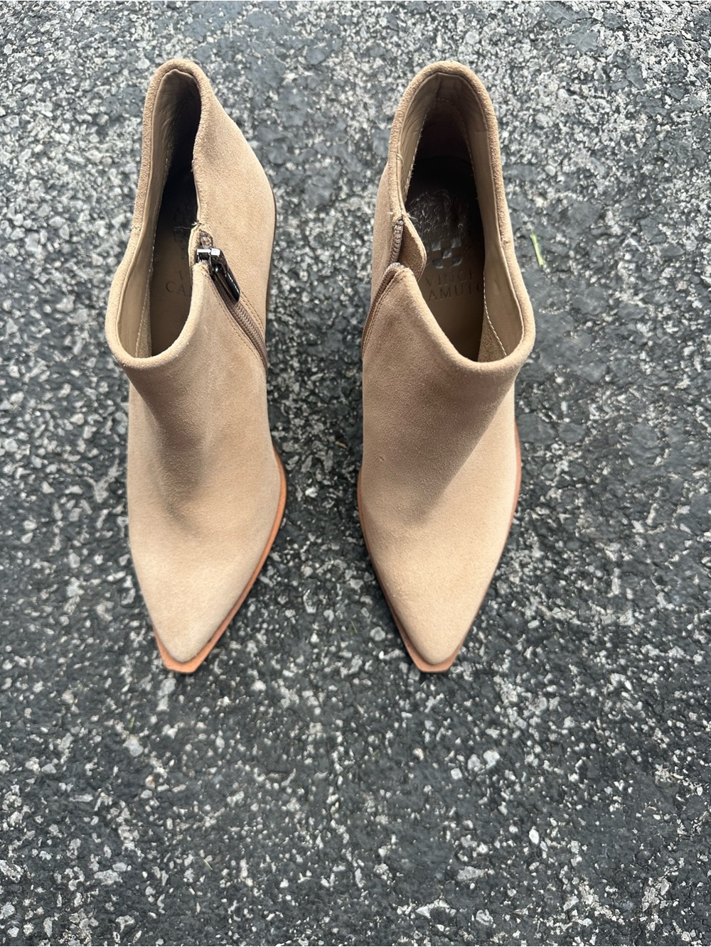 Vince Camuto Pointed Toe Suede Ankle Booties in Tortilla